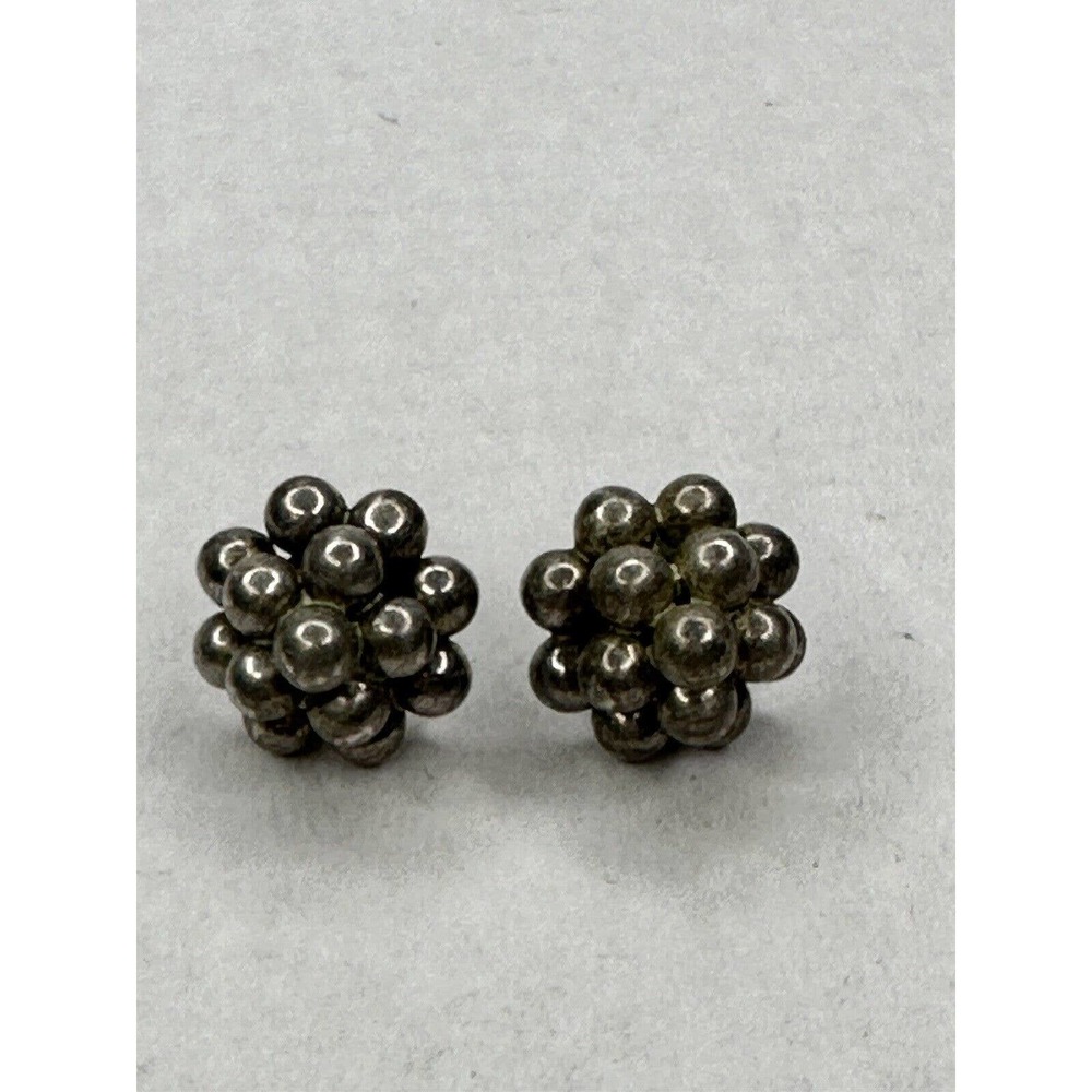 Vintage Sterling Silver Ball Earrings Signed MR Mexico Cluster Modernist 925